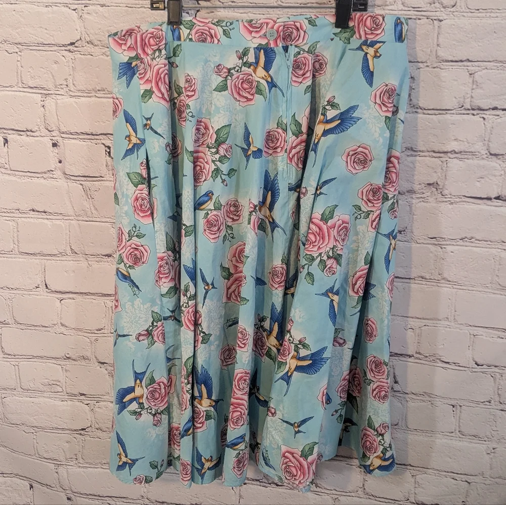 Hell Bunny Vixen Blue Floral Skirt With Birds - Picture 3 of 7